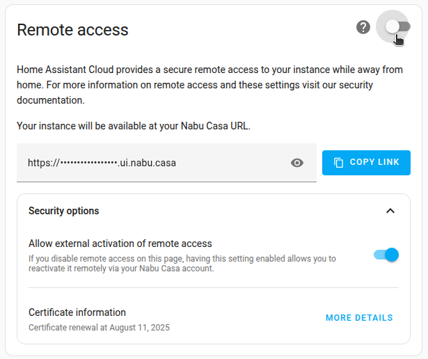 Screenshot showing a disabled remote access option on the Home Assistant instance.