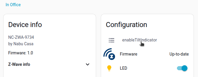 Screenshot showing the configuration section and the inactive tilt indicator entity